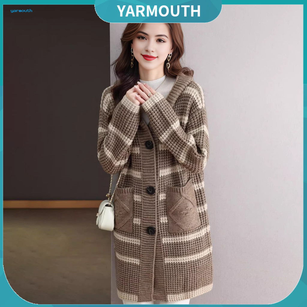 Women Knit Coat Striped Jacket Women’s Hooded Knitted with Print Long Sleeve Loose Fit Sweater Pockets – Autumn Wint