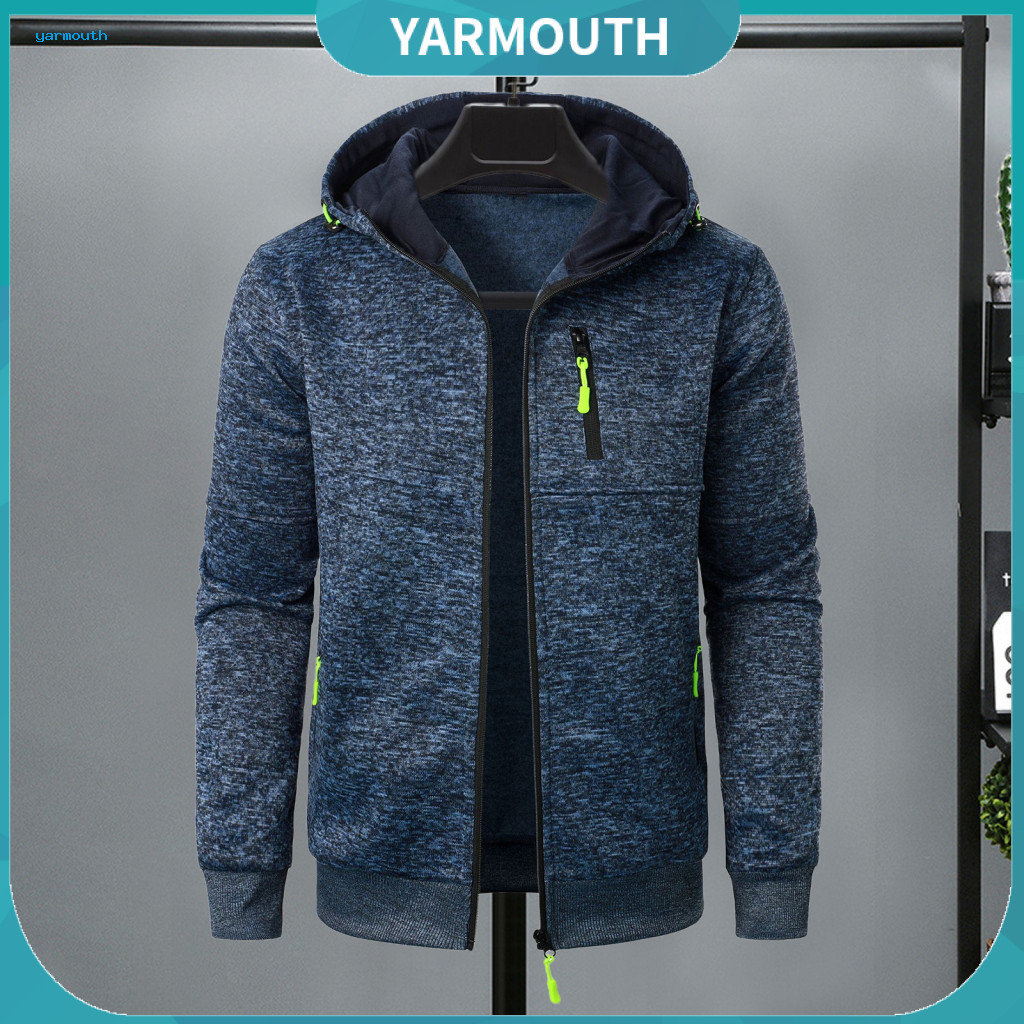 Hooded Coat Sporty Men's Fall Winter Jacket Long Sleeve Zip-up Sport with Elastic Cuffs Jacquard Knitted Cardigan Solid