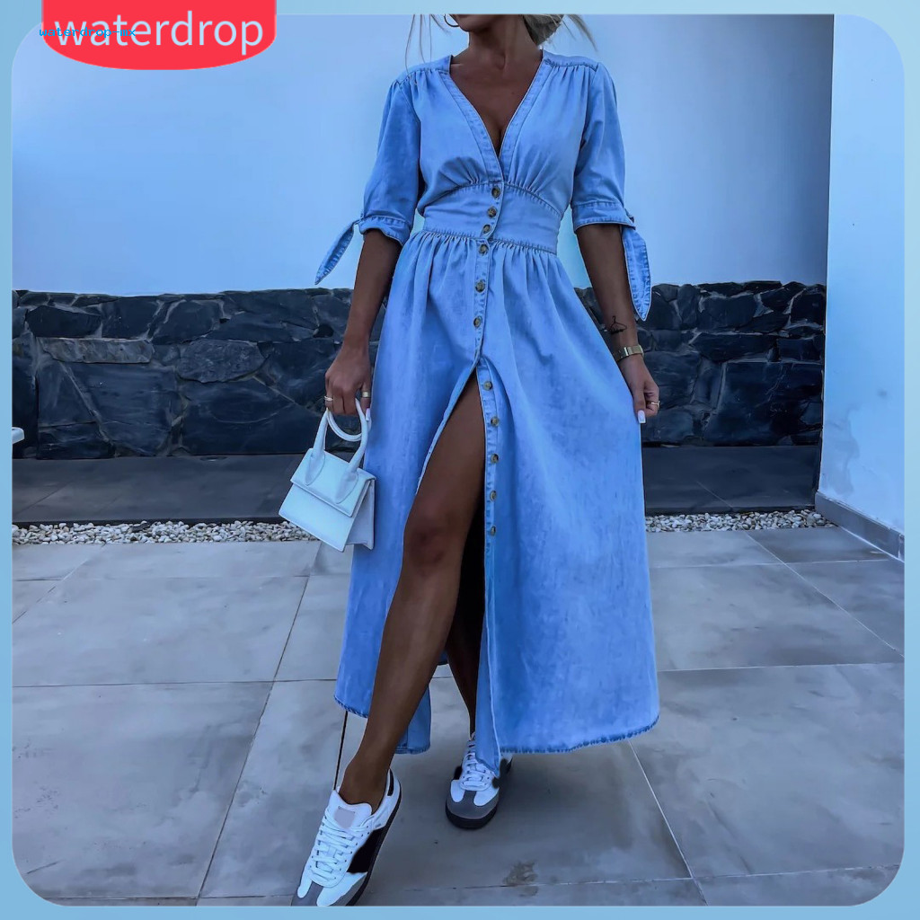 Lady Summer Dress V Neck Slim Waist Pleated A-line Maxi with High Split Lace-up Knot Cuffs Solid Color Denim Long for Co