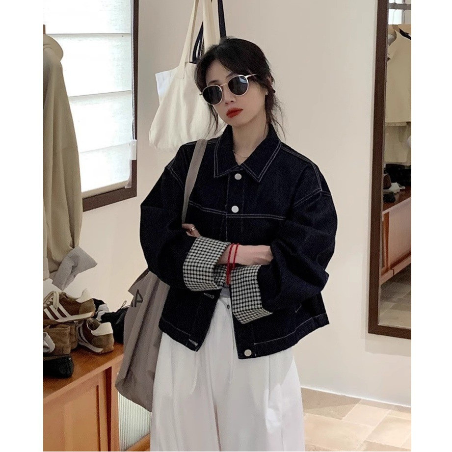 Women's denim jacket with contrasting color cuffs, loose and casual style, short length for petite figures2025Autumn and