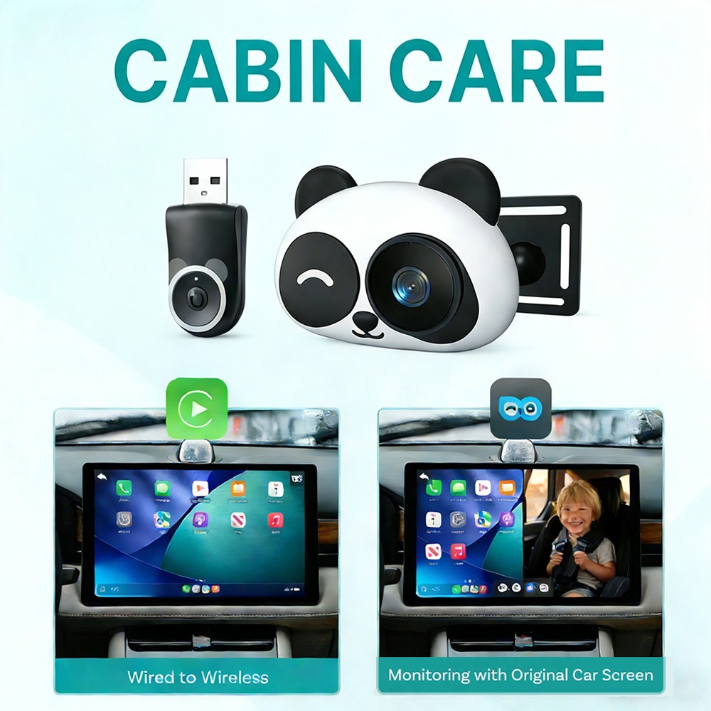 Adaptador CarPlay Sem Fio E Monitor De Bebê Para Banco Traseiro 1080P Visão Noturna Grande Angular Panda Design Plug and