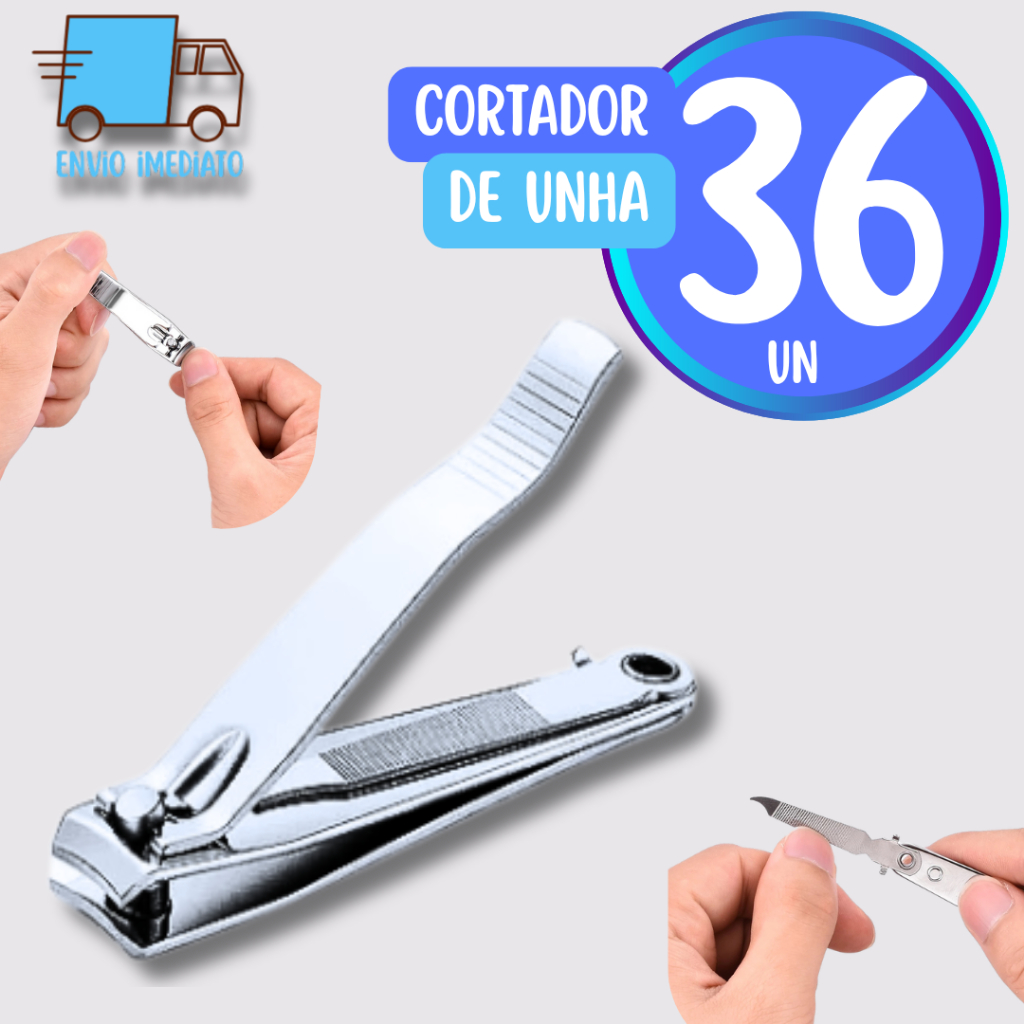 Cartela com 36 Cortador de Unha inox Lamina Curva Lixa Interna para Adulto Criança Casa Salao