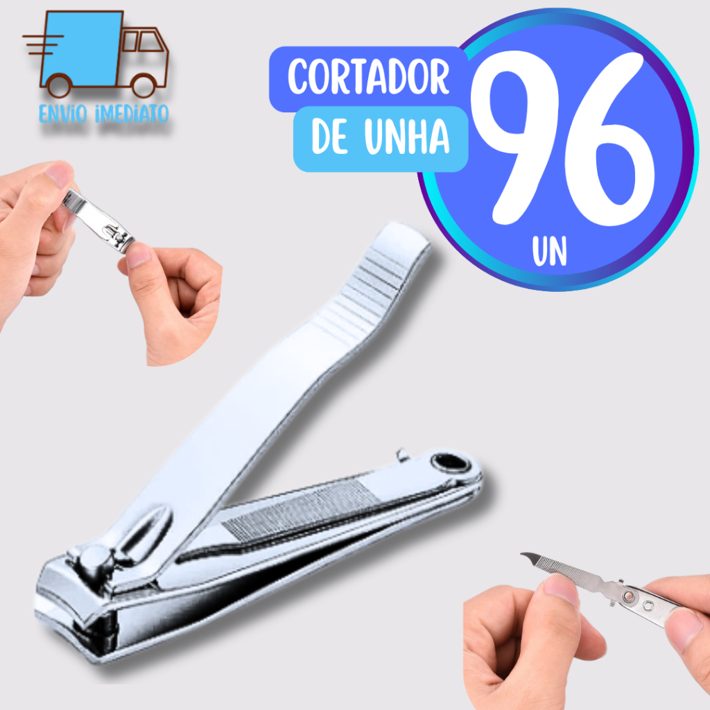 Cartela com 96 Cortador de Unha inox Lamina Curva Lixa Interna para Adulto Criança Casa Salao