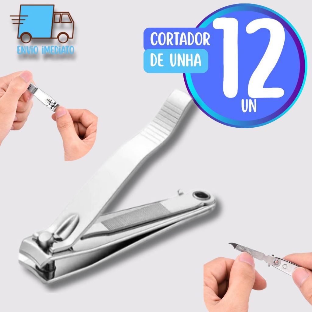 Cartela com 12 Cortador de Unha inox Lamina Curva Lixa Interna para Adulto Criança Casa Salao
