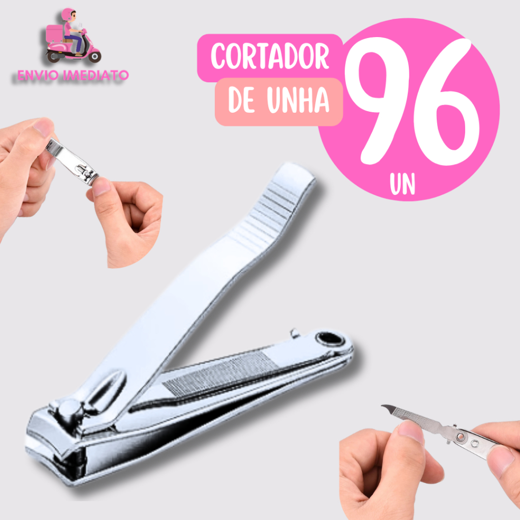 Cartela com 96 Cortador de Unha inox Lamina Curva Lixa Interna para Adulto Criança Casa Salão