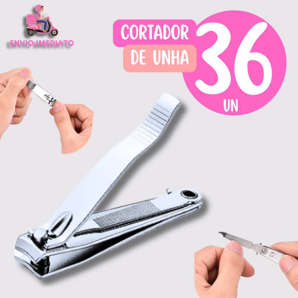 Cartela com 36 Cortador de Unha inox Lamina Curva Lixa Interna para Adulto Criança Casa Salão