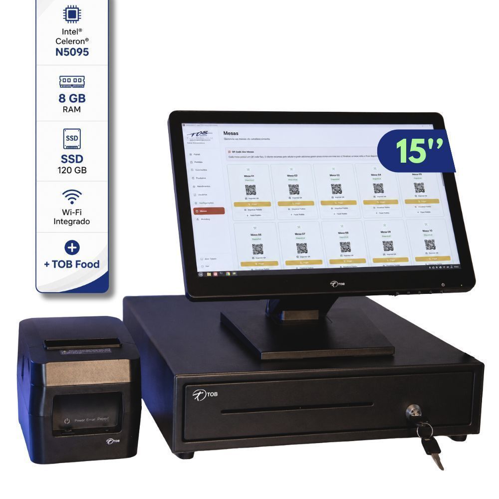 Computador All In One Touch 15” Intel N5095 Impressora de Cupom Gaveta Dinheiro Sistema para Restaurantes e Lanchonetes