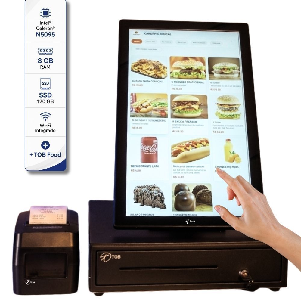 Computador All In One Touch 22” 8GB SSD 120GB Impressora Gaveta Dinheiro Sistema Embarcado para Restaurantes Lanchonetes