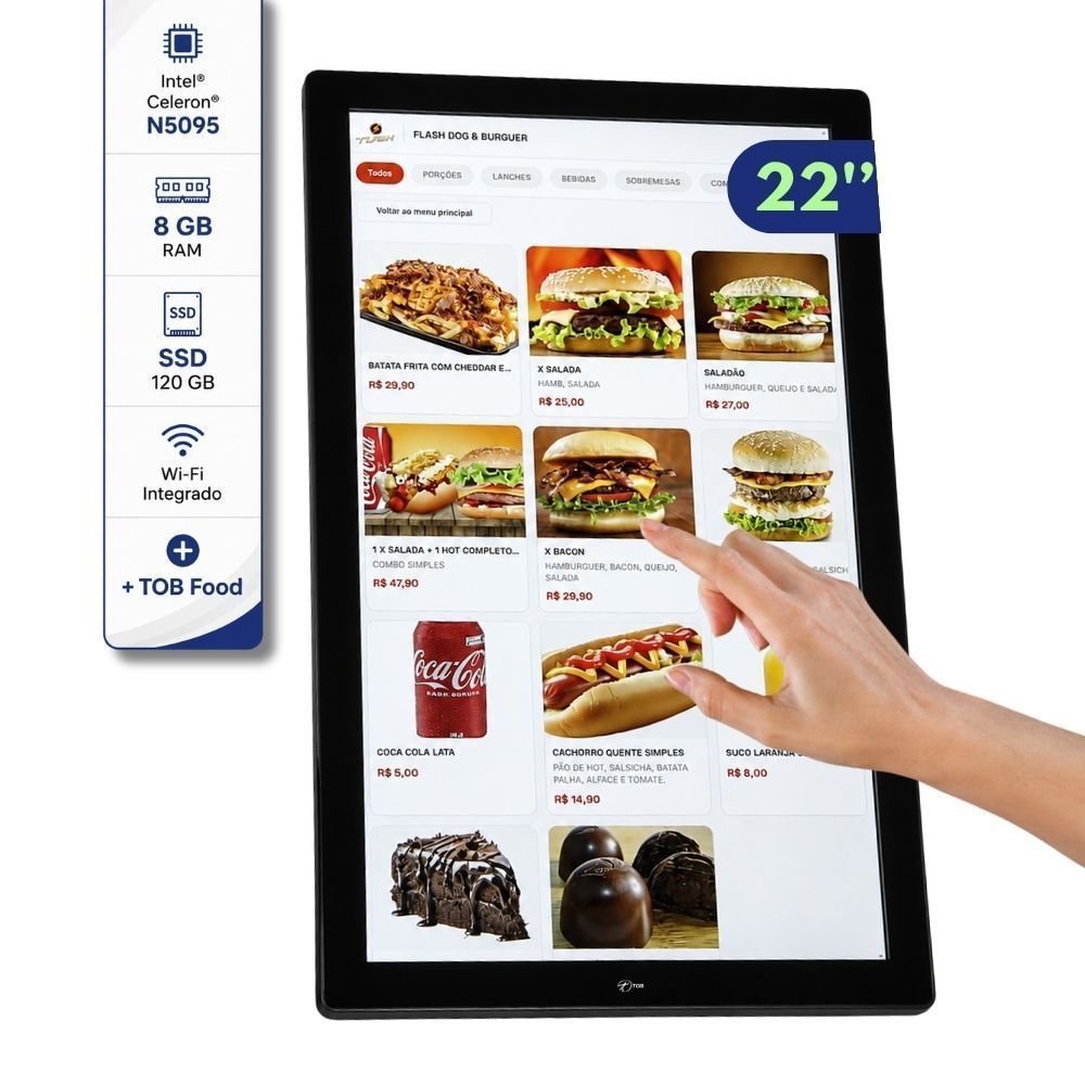 Computador All In One Touch 22” Intel N5095 8GB SSD 120GB com Sistema Embarcado para Restaurantes e Lanchonetes