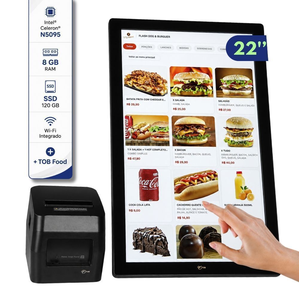 Computador All In One Touch 22” Intel N5095 8GB SSD 120GB Impressora Sistema Embarcado para Restaurantes e Lanchonetes