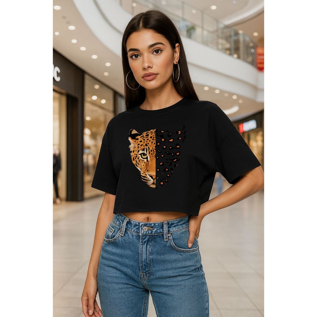 Cropped Camiseta Feminina Onça Animal Print Branco Oversized Casual