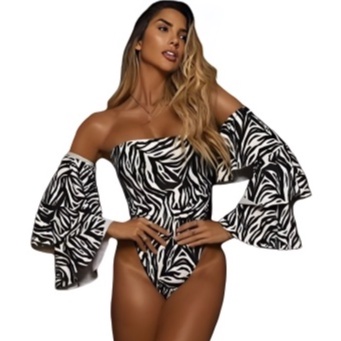 Maiô Body Animal Print Zebra Preto Branco Safari Tomara Que Caia Manga Removível Moda Praia P M G GG