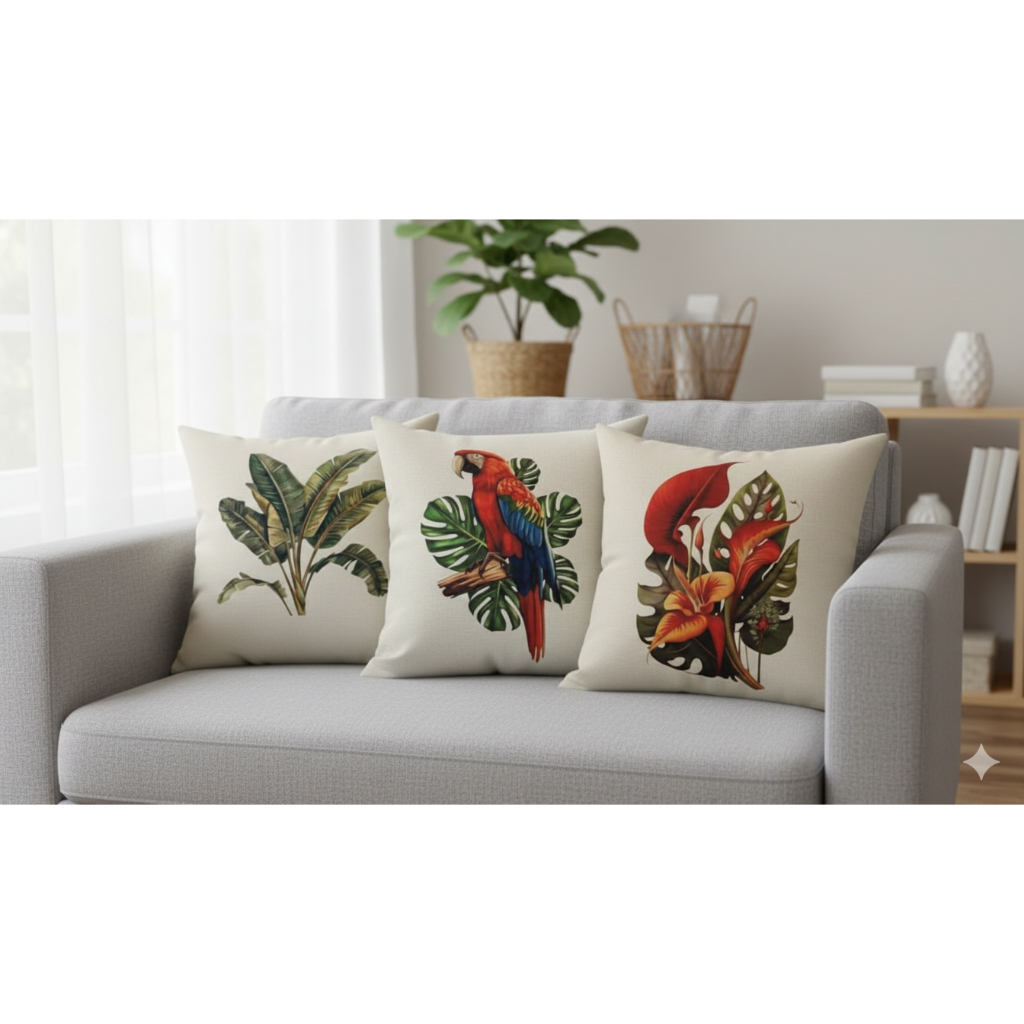 Capa Almofada Decorativa Off White Suede Exclusiva Tropical Modern Print Sala ou Quarto Estampa HD 45x45