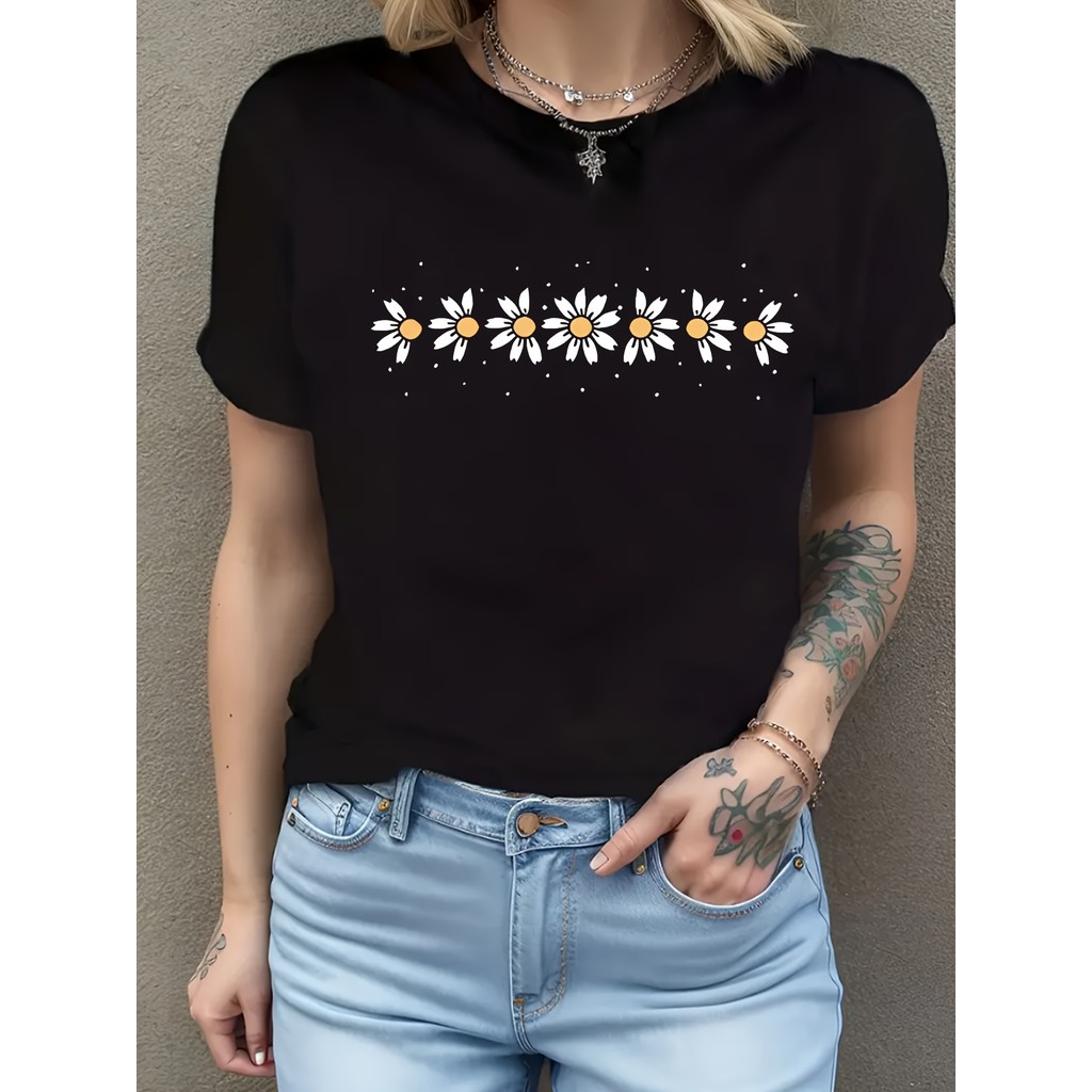 Camiseta Feminina Daisy Print Amarelo Branco Unissex Shirt Oversized 100% Algodão