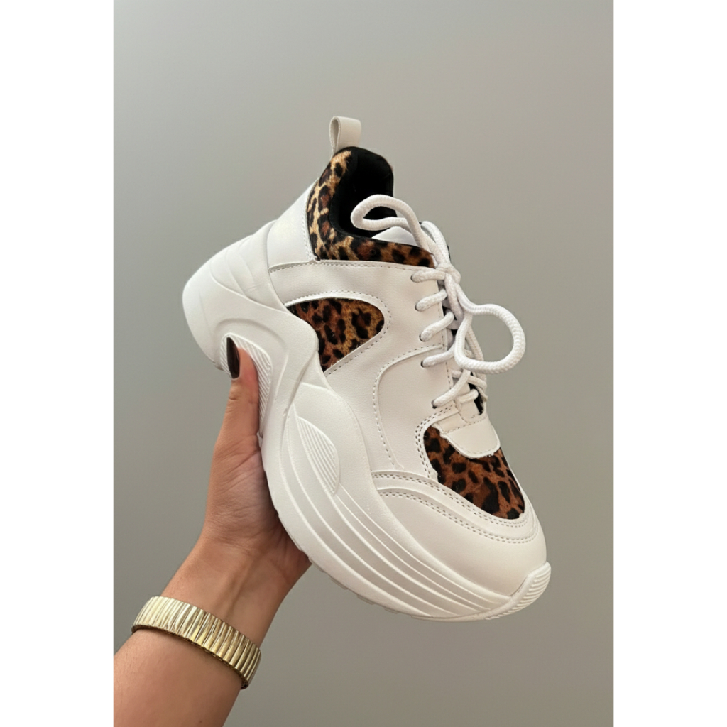Tênis Feminino Branco/Onça Sola Alta Caixa Moda Urbana/Casual Blogueira Estilosa Animal Print