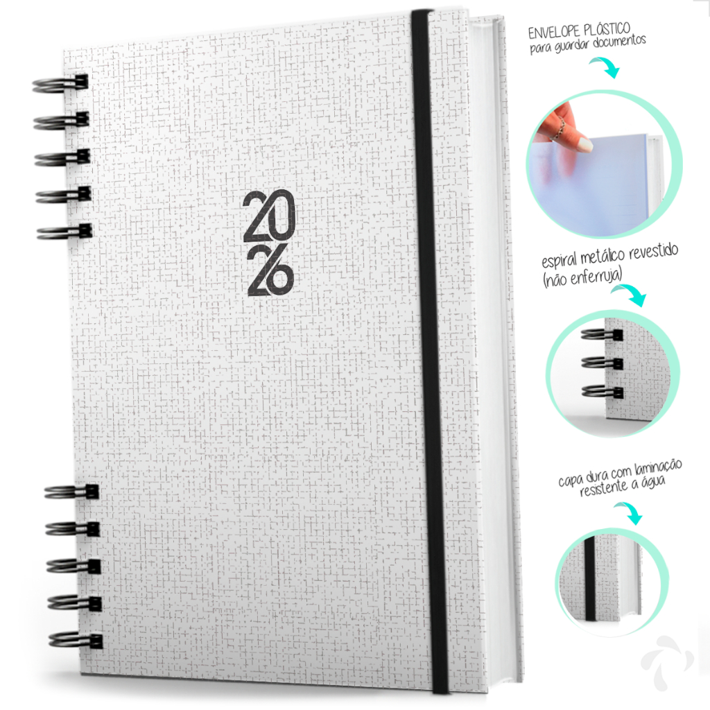 Agenda 2026 Capa Dura Executiva e Organização Pessoal Branco