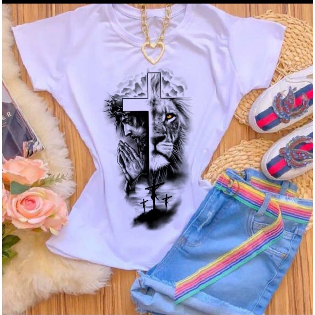 Camiseta Camisa t-shirt T-SHIRTS  BRANCO JESUS CRISTO LEÃO PRINT Blusa Algodão Envio Imediato