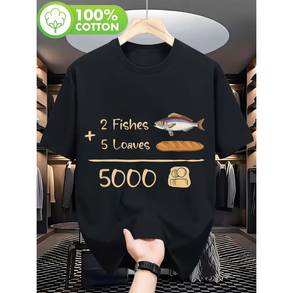 Camiseta 2026 100% Algodão Camiseta Unissex 5000 Loaves Bread 2 Fish Christian Gift Graphic Black White Print Casual Con