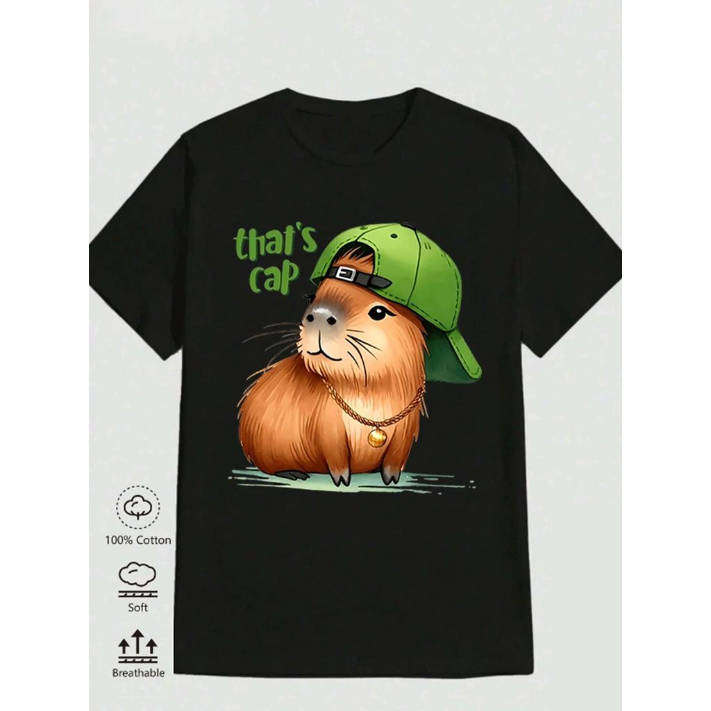BR.Moonlight Camiseta Unissex Capybara with Hat Black White Printed Cotton Loose Fit Confortável Divertida Casual