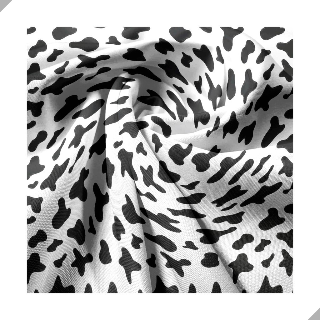 Tecido Poliéster Estampado Jacquard Pele Animal Print Vaca Manchas Branco e Preto - 1,40m