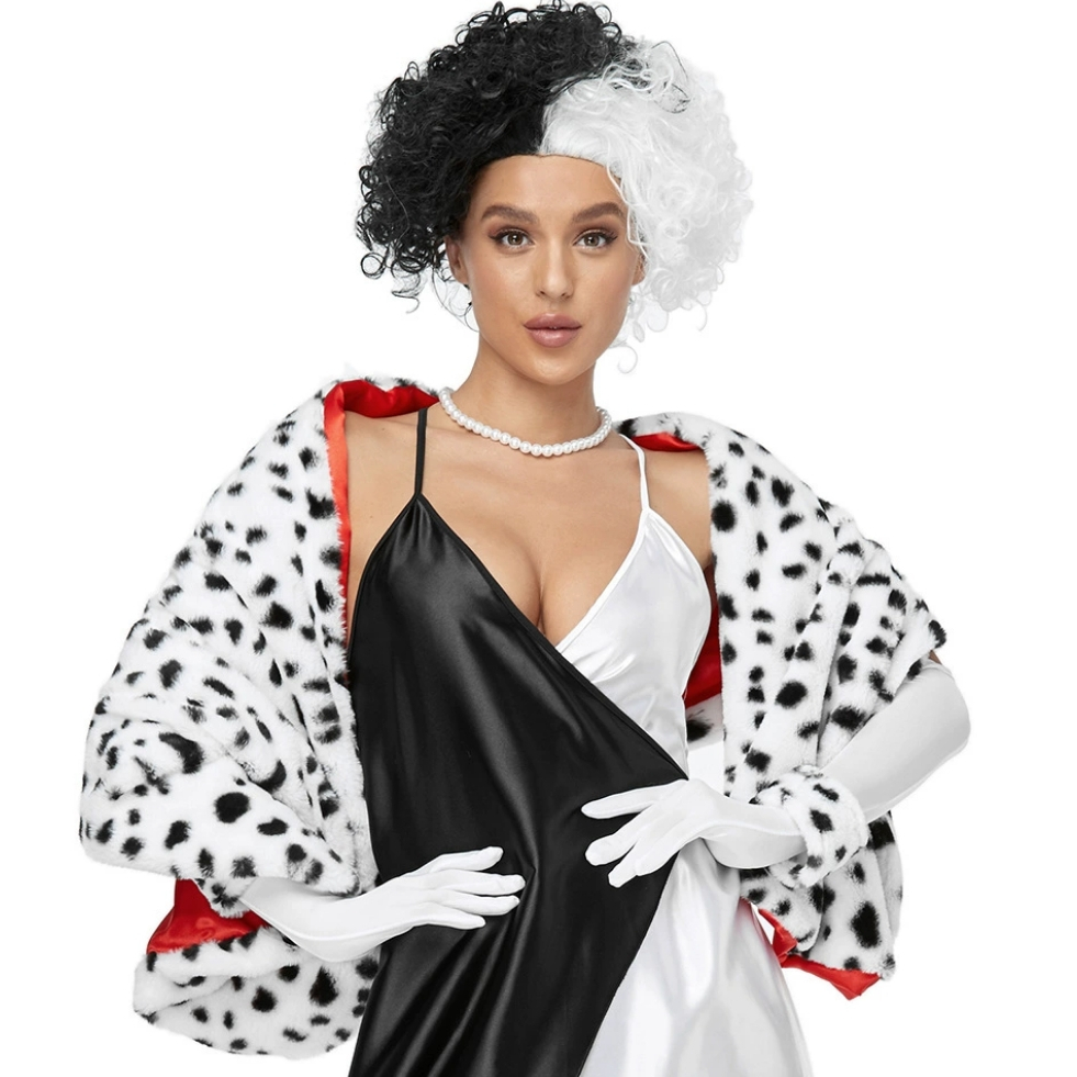 Cruella Spotted Dog Leopard Print Xale Cruella Cachecol Manto Preto Branco Capa de Bruxa