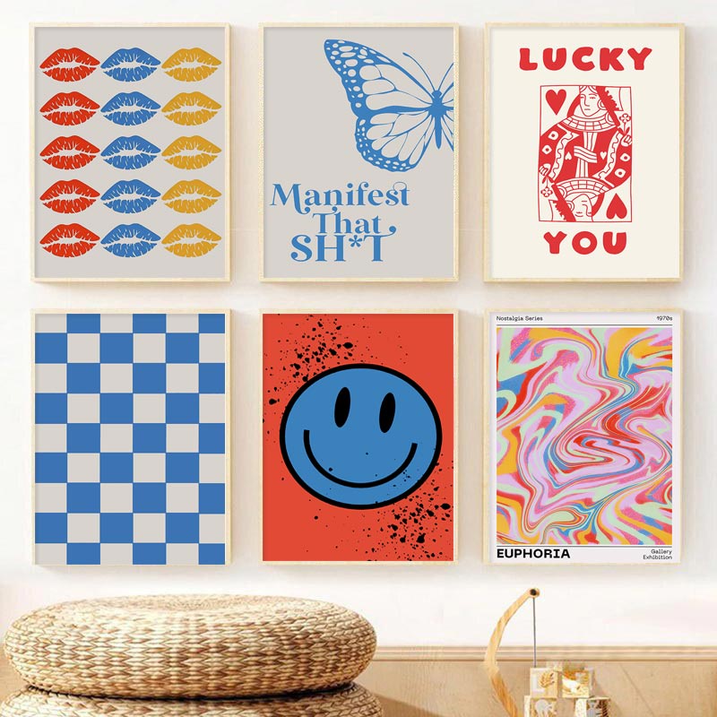 Pôsteres Abstratos De Borboleta Labial Smiley Face Wall Print Vintage Azul Branco Tela Xadrez Pintura Arte Decoração Casa