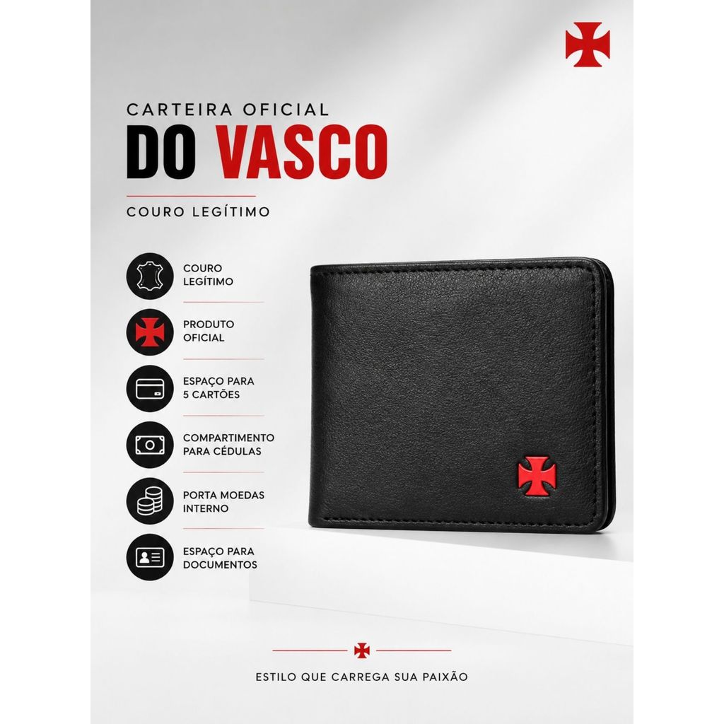 Carteira Oficial Em Couro Legítimo Preto Time Vasco da Gama Cruz de Malta Presente Minimalista