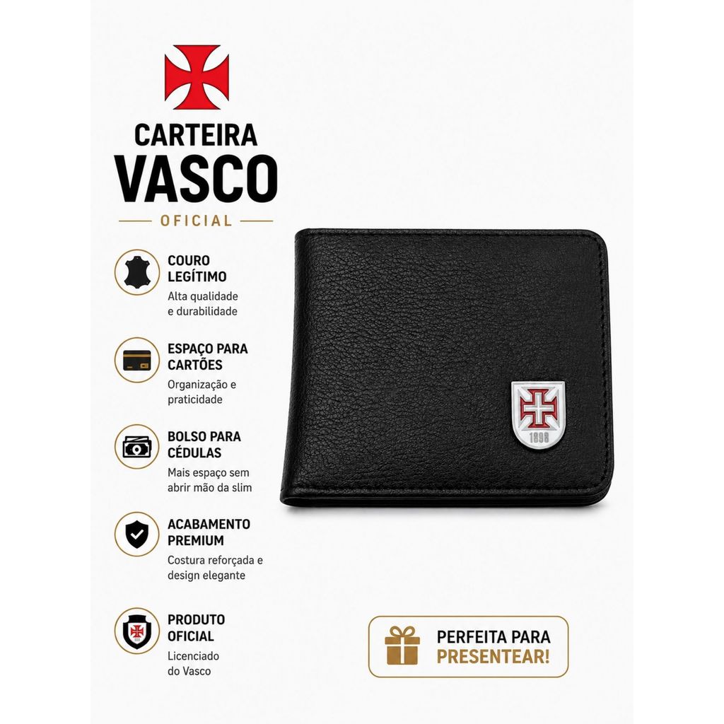 Carteira Oficial Luxo Couro Legítimo Time Escudo Vasco Retrô Criz de Malta Presente