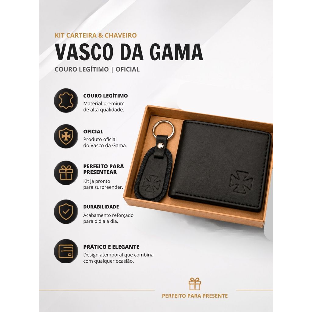 Kit Carteira + Chaveiro Oficial Em Couro Legítimo Preto Time Vasco Cruz de Malta  Caixa Presente