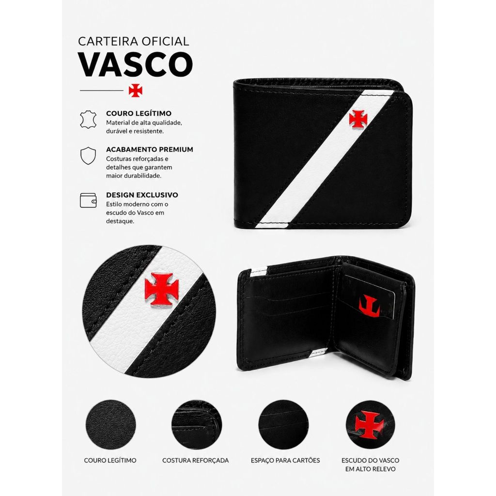 Carteira Oficial Premium Em Couro Legítimo Time Vasco da Gama Cruz de Malta Presente Torcedor