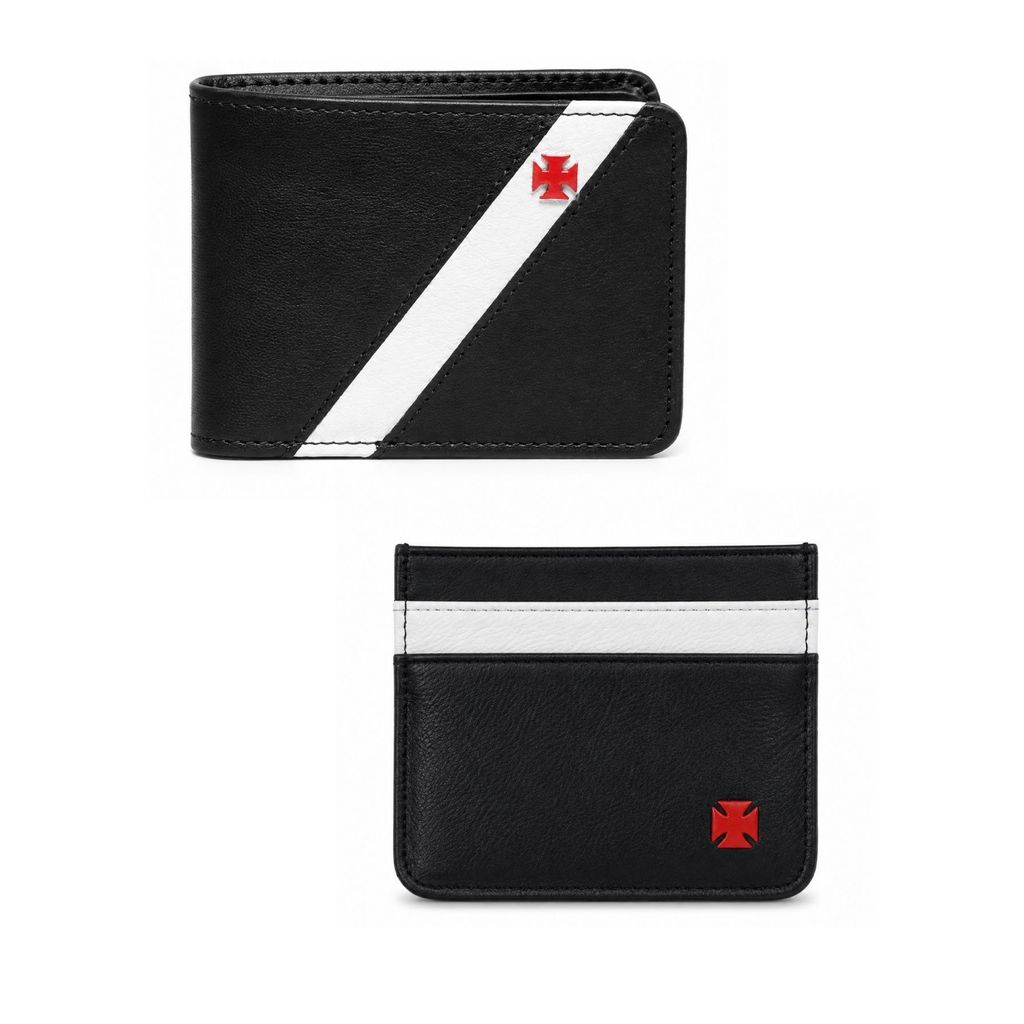Kit Carteira + Smart Card Oficial Vasco Couro Legítimo Preto Branco Cruz Malta Presente Licenciado