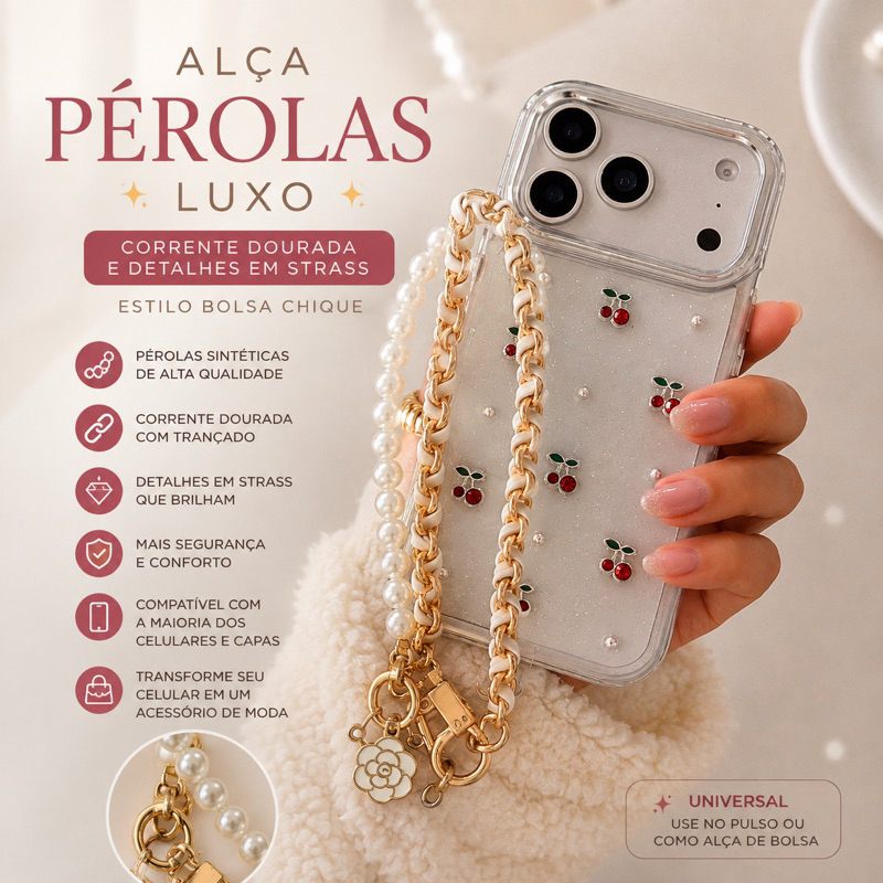 Alça para Celular de Pérolas Luxo com Corrente Dourada e Pingente Flor – Alça de Pulso Universal Estilo Bolsa