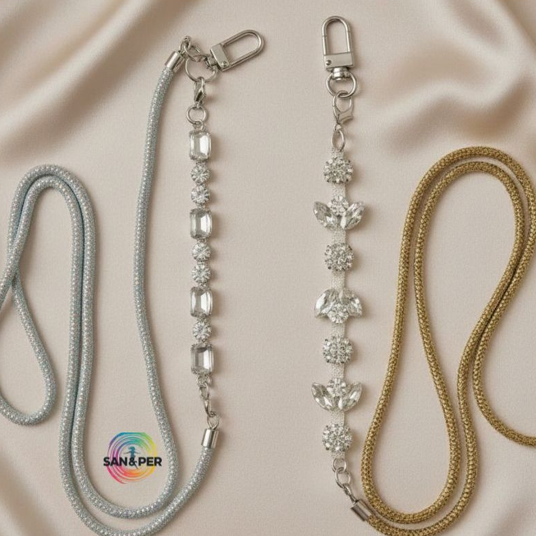 Cordão Celular Elegante e Moderno Alça Longa com Brilho e Cristais uso Pescoço e Pulso Proteção Anti Perda Exclusividade