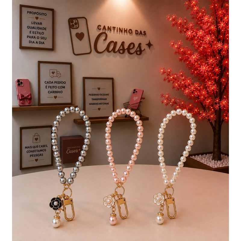 Alça de Pulso Pérolas Luxo para Celular Bolsa Chaveiro Pingente Feminino Elegante Universal
