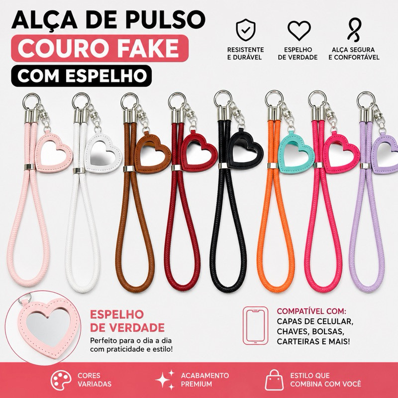 Alça de Pulso Couro Fake com Espelho Coração para Celular Chaveiro Bolsa Cordão de Mão Premium