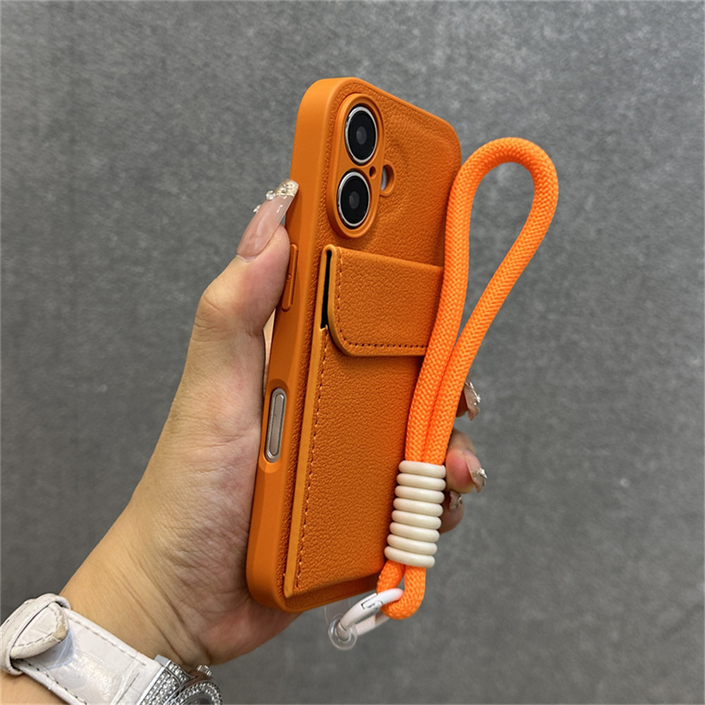 Bolsa De Cartão De Luxo Couro Textura Lichia Com Alça De Pulso Caso iPhone 15 14 13 16 Pro Max Plus 12 11 Carteira Sólid
