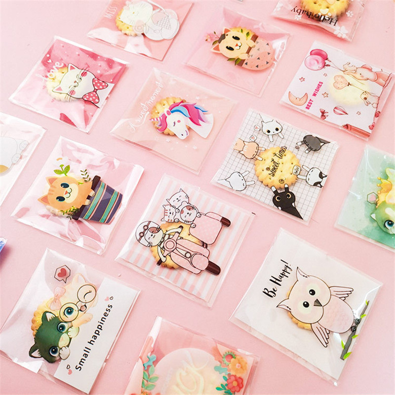 100 Pçs 7x7 + 3cm Plástico Dos Desenhos Animados Auto-Adesivo Saco Padaria Embalagem Biscoito Lanche Doces Sacos Para Fe