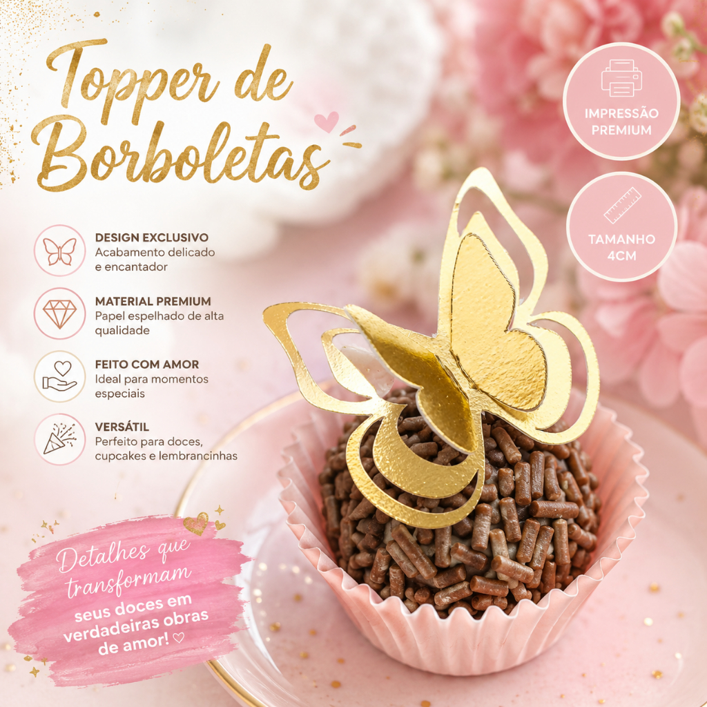 Kit 50 Borboletas Decorativas Laminadas 3cm Topo De Bolo Doces Lembrancinhas Dourado e Prata laminado Festa Aniversario