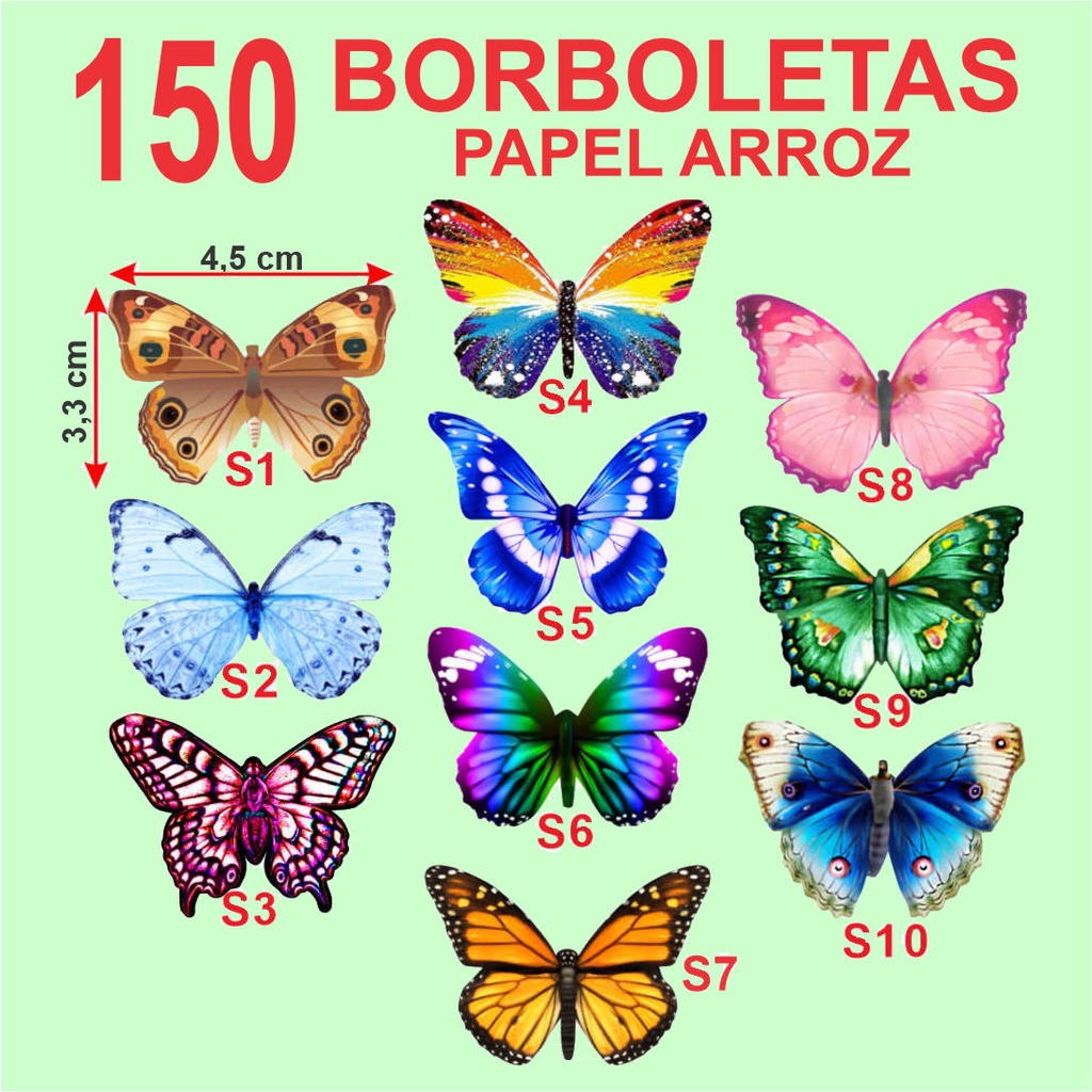 150 Borboletas 4,5x3,3cm - Papel Arroz p/ Cupcake - Bolo - Doce - RECORTADAS_K1