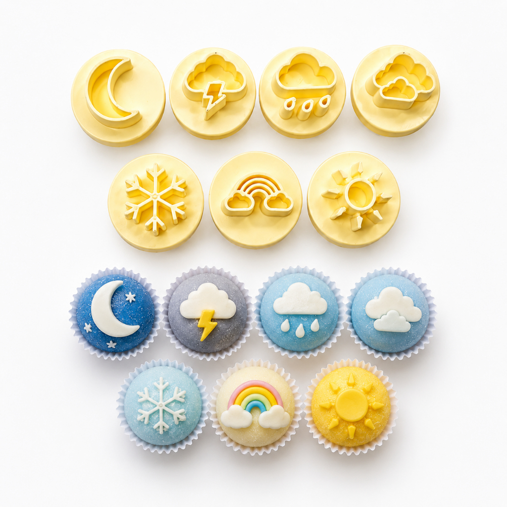 Kit Carimbos Previsão do Tempo Para Brigadeiro e Doces 3cm 7 Peças Confeitaria Personalizada