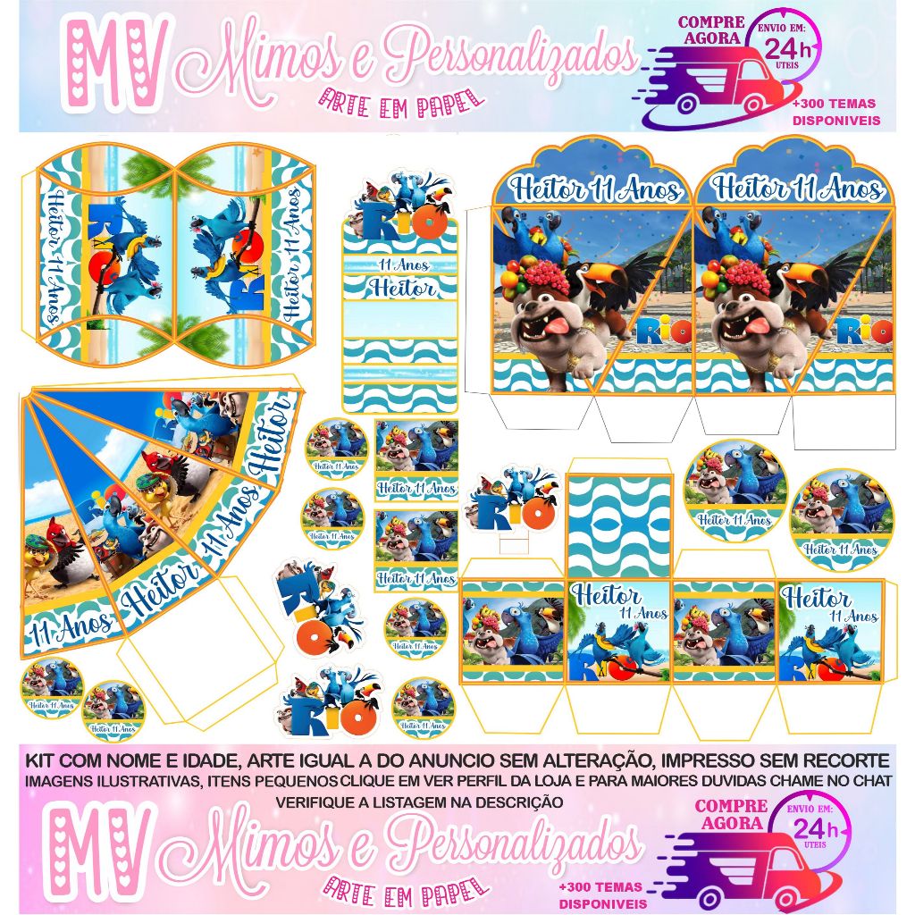 KIT FESTA LEMBRANCINHAS ARARA AZUL RIO COM NOME 180 ITENS DECORAÇÃO PEGUE E MONTE