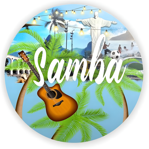 Painel Festa Infantil Redondo Samba, fundo rio de janeiro, violão + Arco, Suporte incluso. Fazemos personalizado com qualquer tema. Confeccionado em Lona fosca, impressão de alta resolução. cenário Circular p/ Decoração