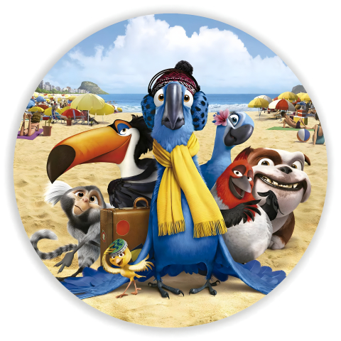 Painel Festa Infantil Redondo Filme Rio, personagens na praia + Arco, Suporte incluso. Fazemos personalizado com qualquer tema. Confeccionado em Lona fosca, impressão de alta resolução. cenário Circular p/ Decoração