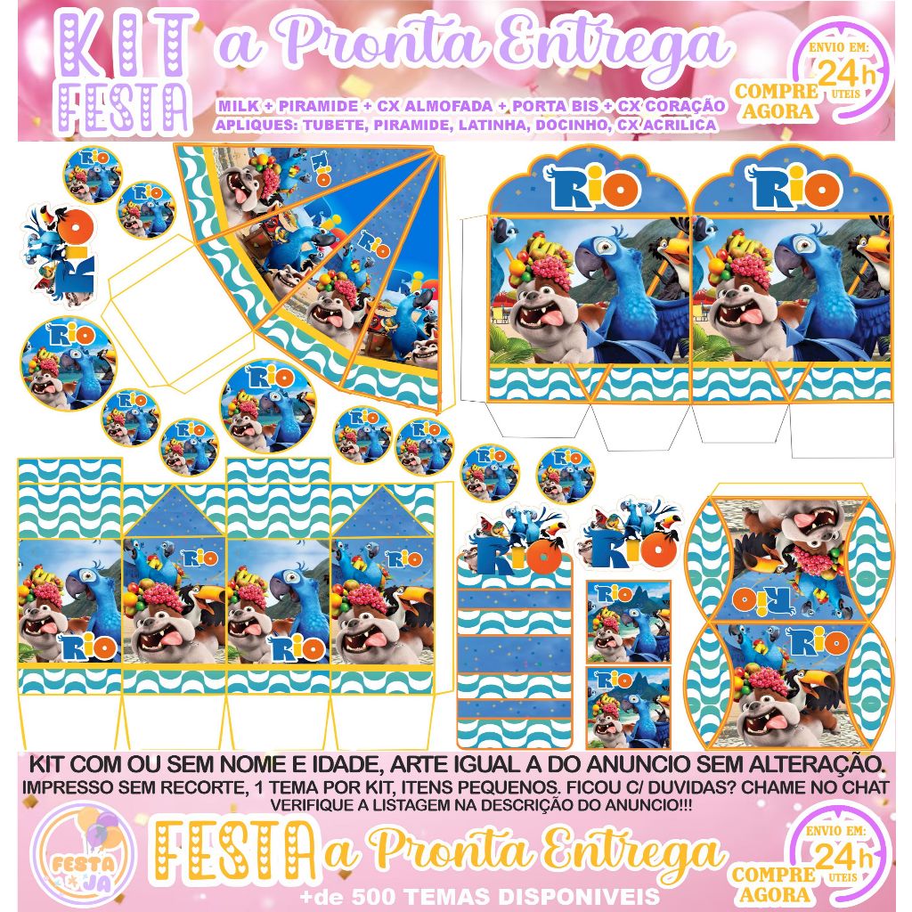 95 OU 190 ITENS KIT FESTA RIO ARARA AZUL PEGUE E MONTE - LEMBRANCINHAS RIO ARARA AZUL DECORAÇAO - ENVIO EM 24H UTEIS