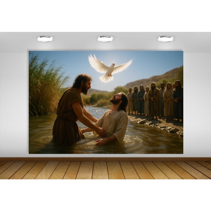 Painel de festa Jesus Batismo Espírito Santo de Deus Decoração João Batista Batizando Pomba Rio Jordão Espírito Santo