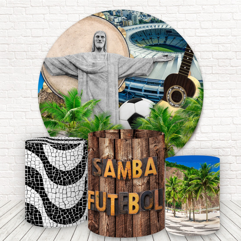 Kit Painel Redondo e Capas de Cilindro Festa Decoração Tecido Sublimado 3D Rio de Janeiro