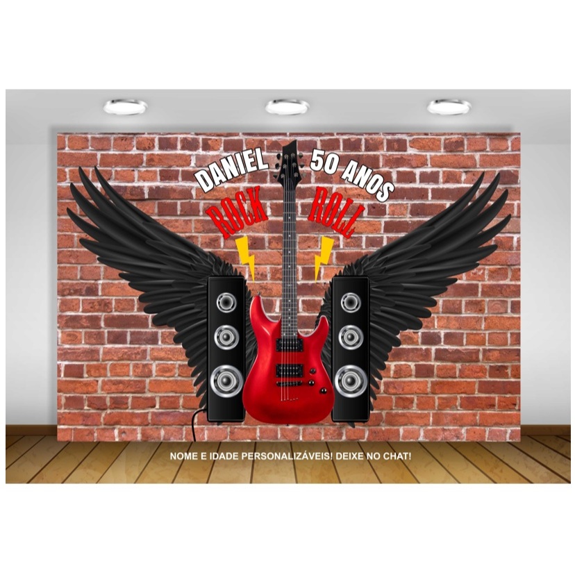 Painel de festa Rock and roll Decoração Guitarra Vermelha Banda de rock rio alto falante fundo muro de tijolo Rock
