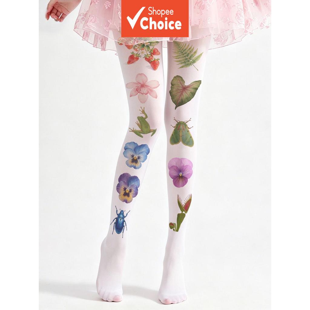 Meias-calças Femininas com Padrão de Sapos e Flores - Meias Fofas com Estampa de Natureza - Leggings de Rede Y2K com