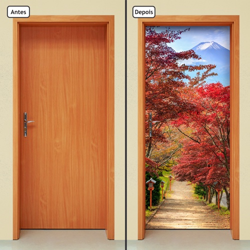 Adesivo Decorativo de Porta Parede Vidro Casa Decoração Paisagem Natureza Montanha Floresta Cerejeira Flores Caminho