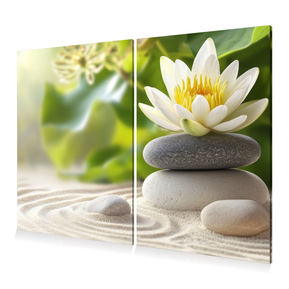 Kit 2 Quadros Decorativo Arte Floral Natureza Flor Lótus Branca Pedras Canva 60x40